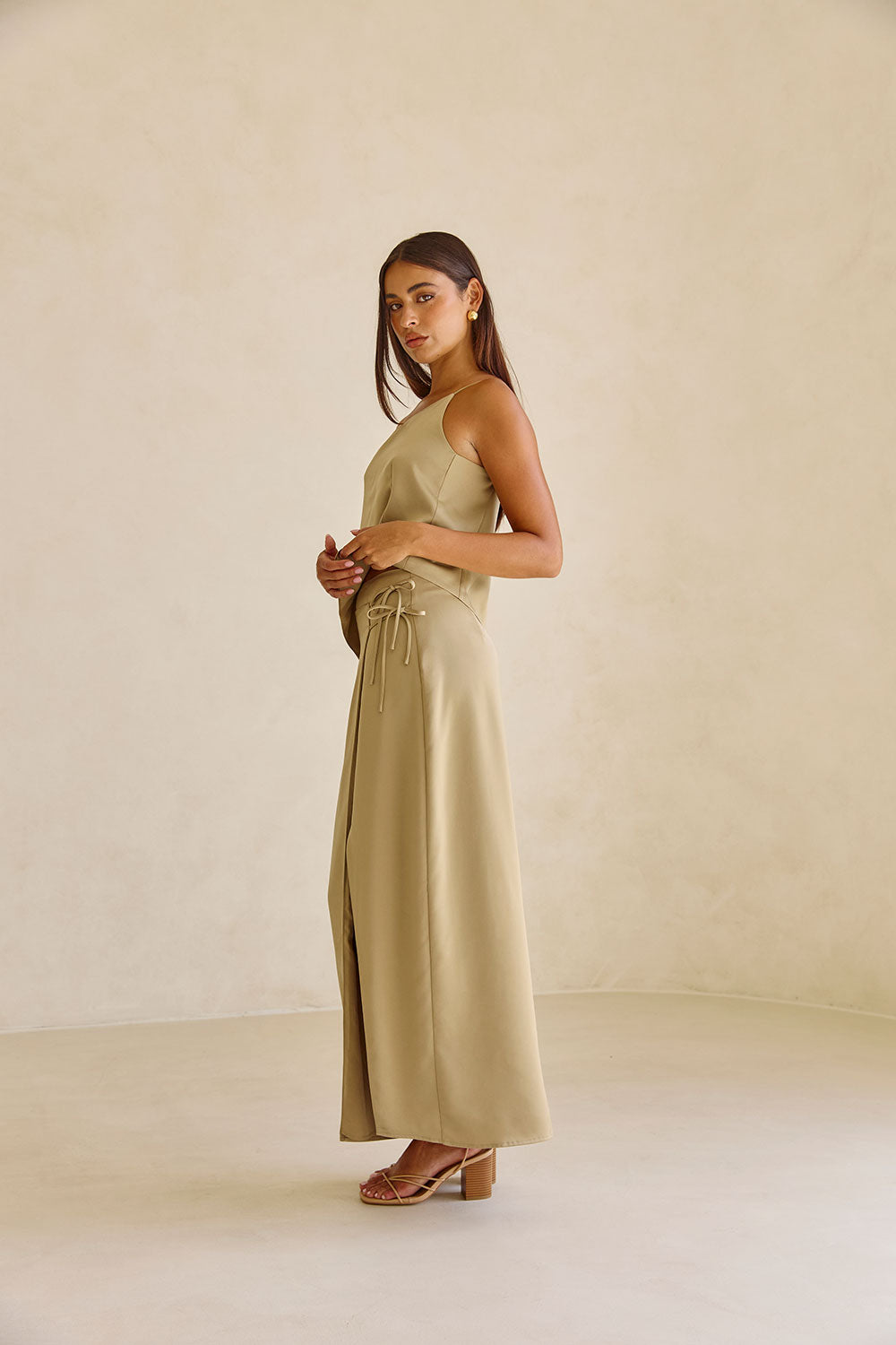 Dusty Olive Matte Silky Asymmetric Bria Top for Formal Wear