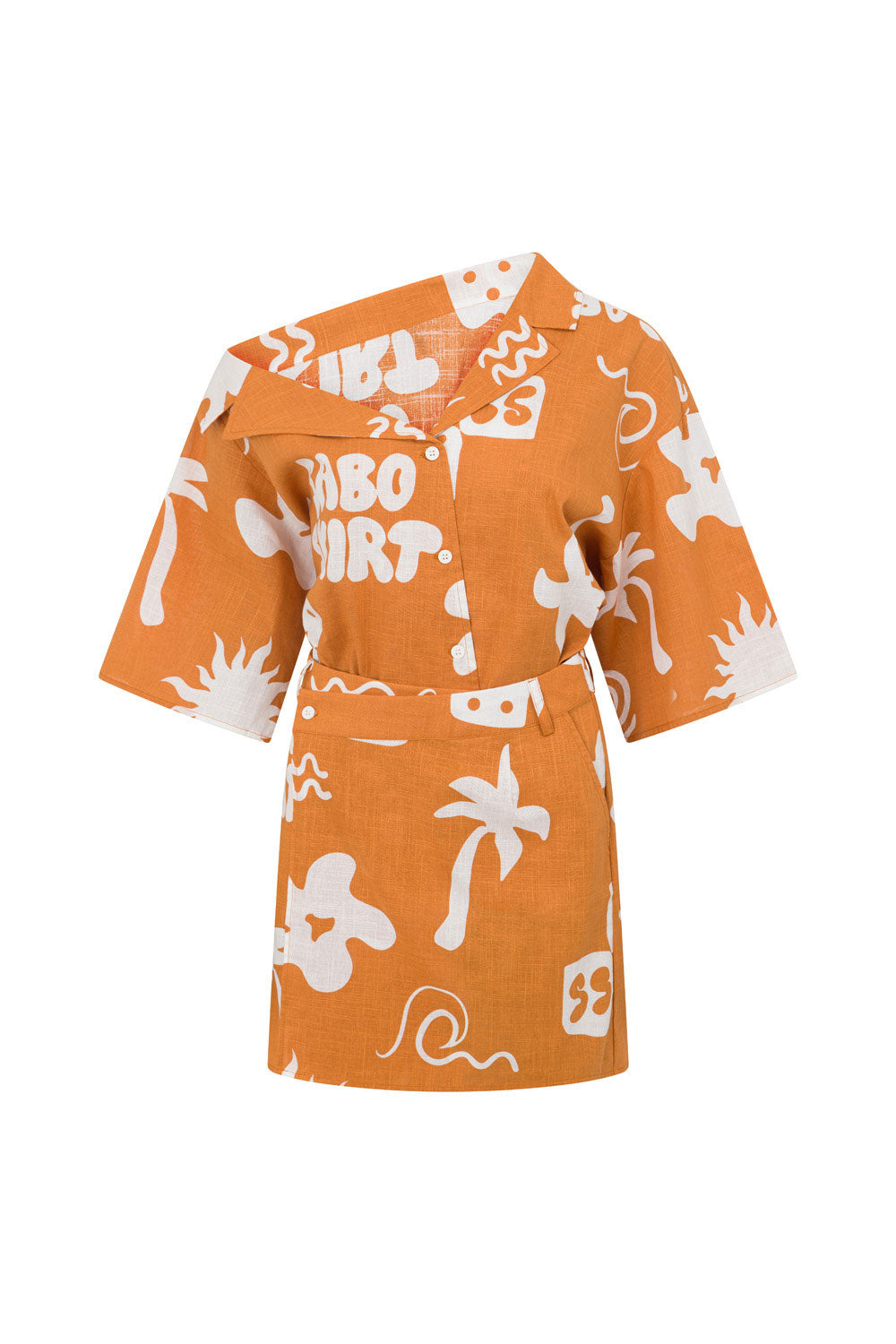 Exclusive Printed Structured Cotton Slub Base Asymmetric Mini Dress