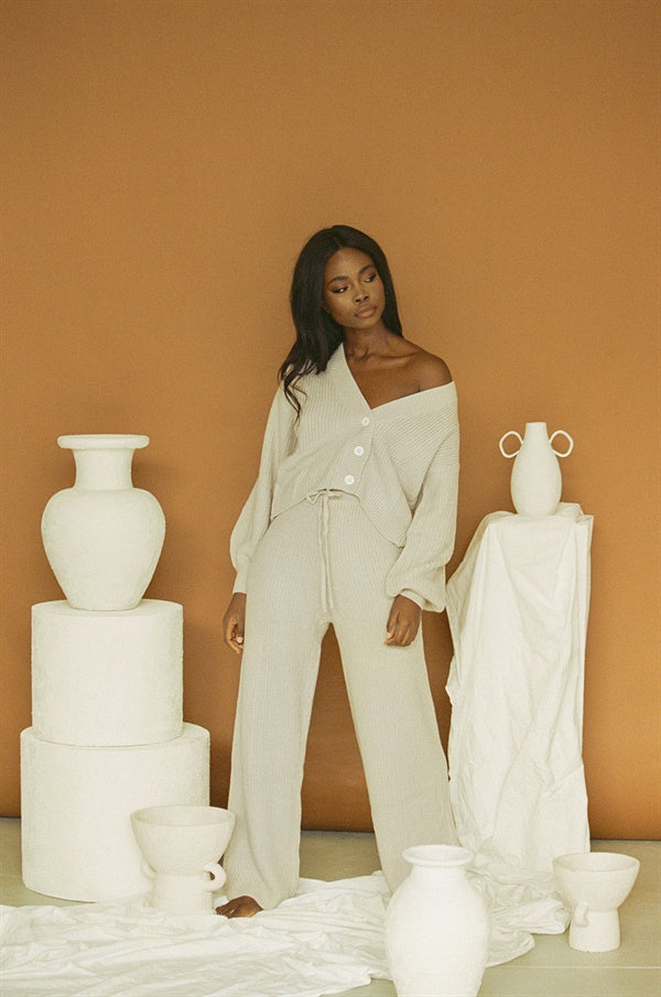 Grey Zenith Resort-Style Knitted High-Waisted Pants