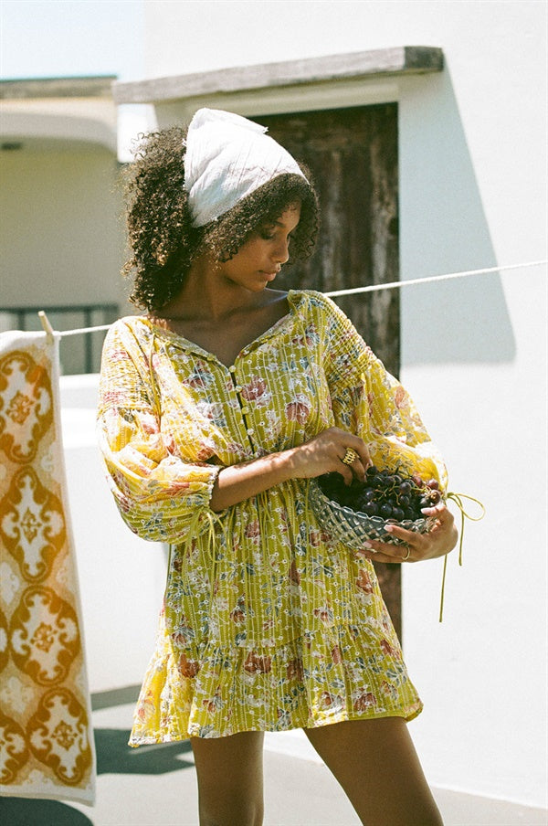 Autumn Mustard Floral Anouk Dress with Contrast Embroidery
