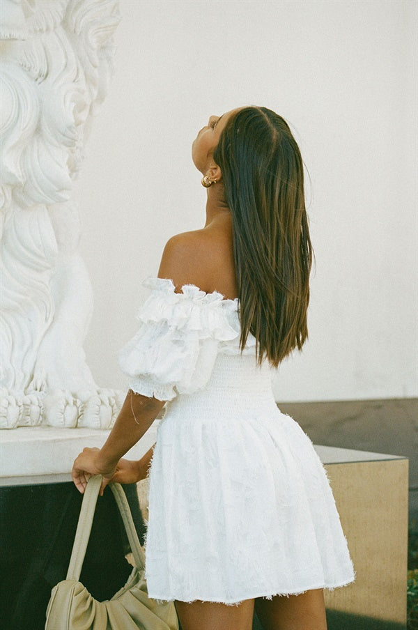 Exclusive Sabo-Designed White Jacquard Fluffy Texture Off-Shoulder Shirred Party Dress - Velette