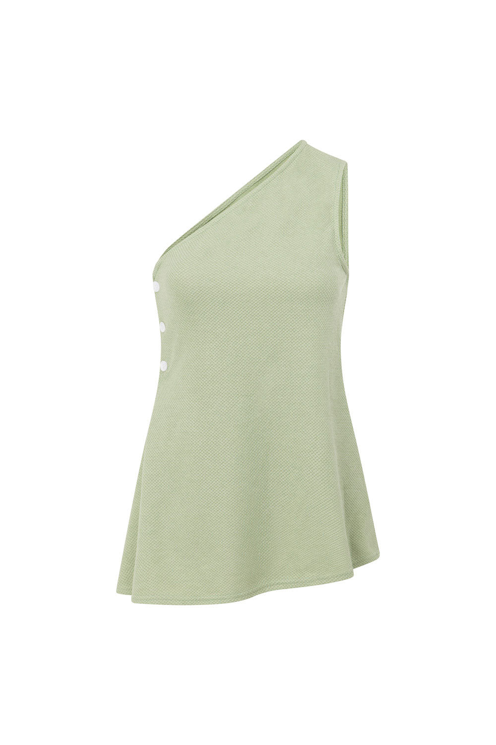 Soft Green Waffle Fabric One-Shoulder Dion Top with Flouncy Hem