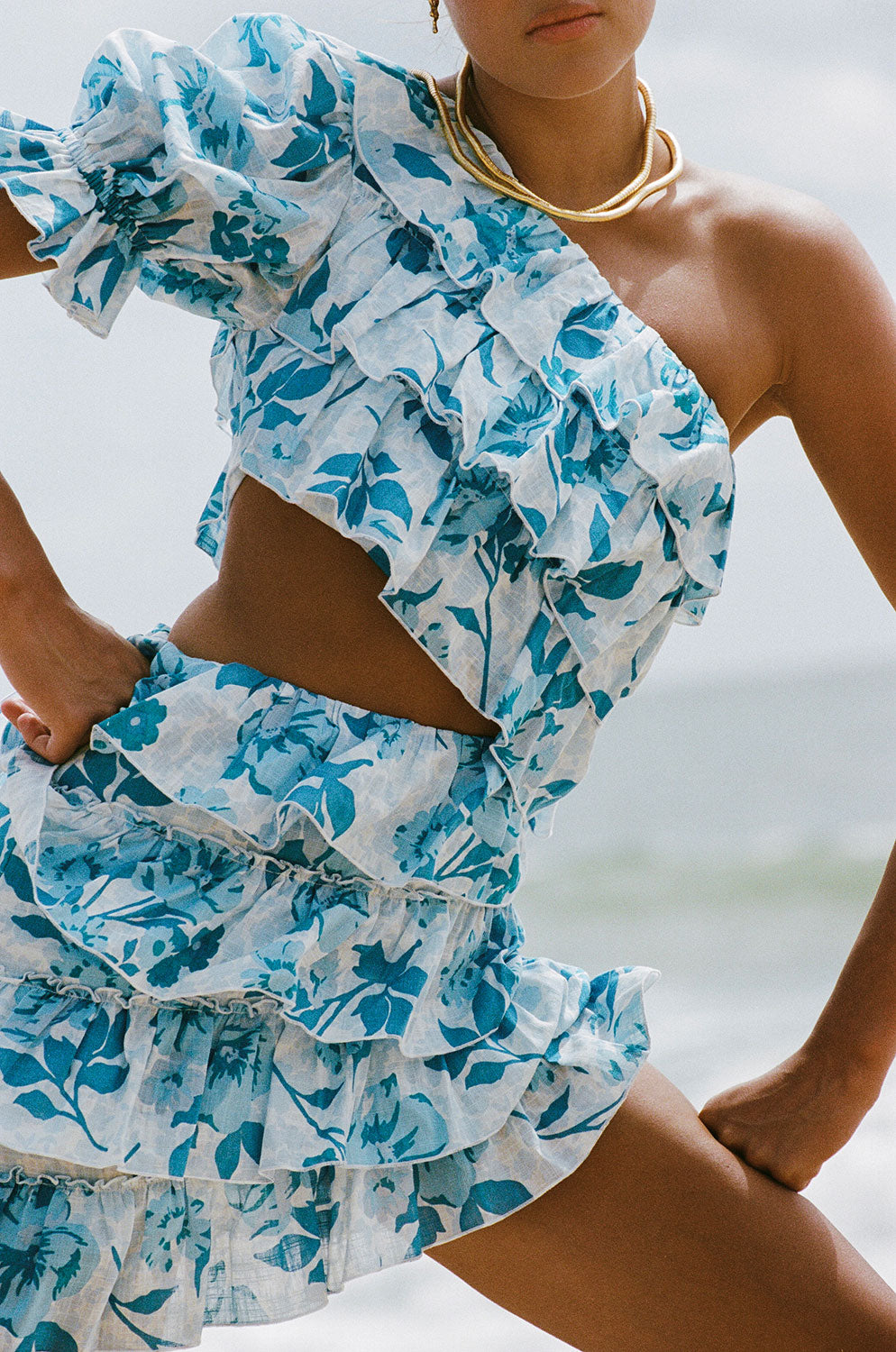 Stylish Emilia Asymmetric Women's Dress with Azure Flora Print