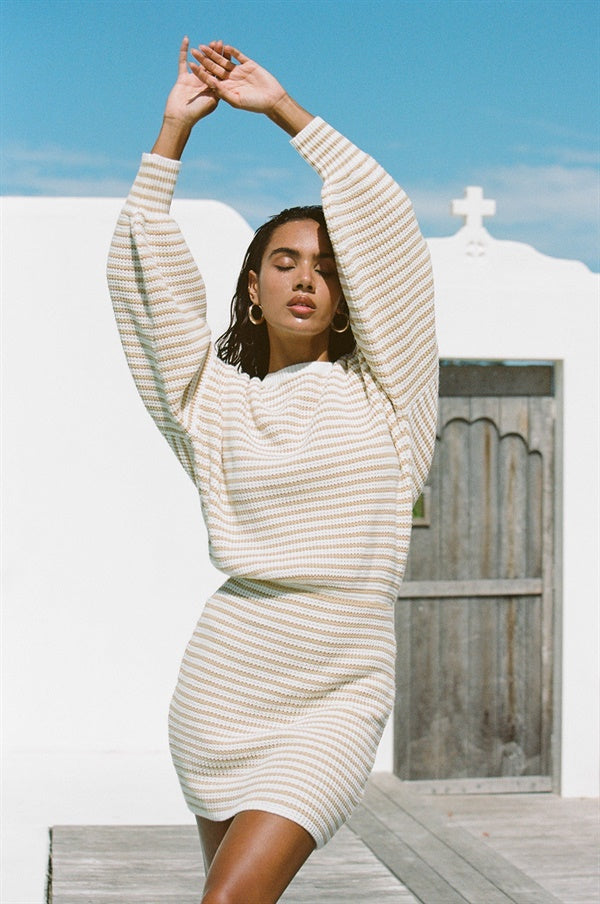 Stylish Cream-Hued Ribbed Kalia Dress with Tan Stripes