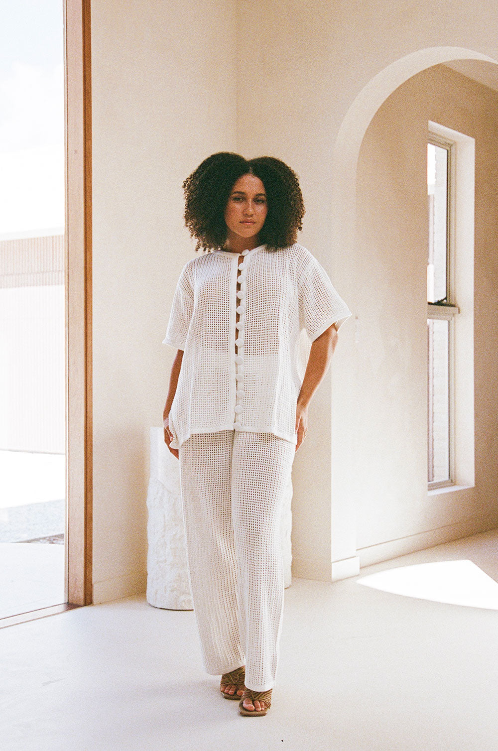 Elegant Cream-Colored Zayna Crochet Knit High-Waisted Wide-Leg Pants