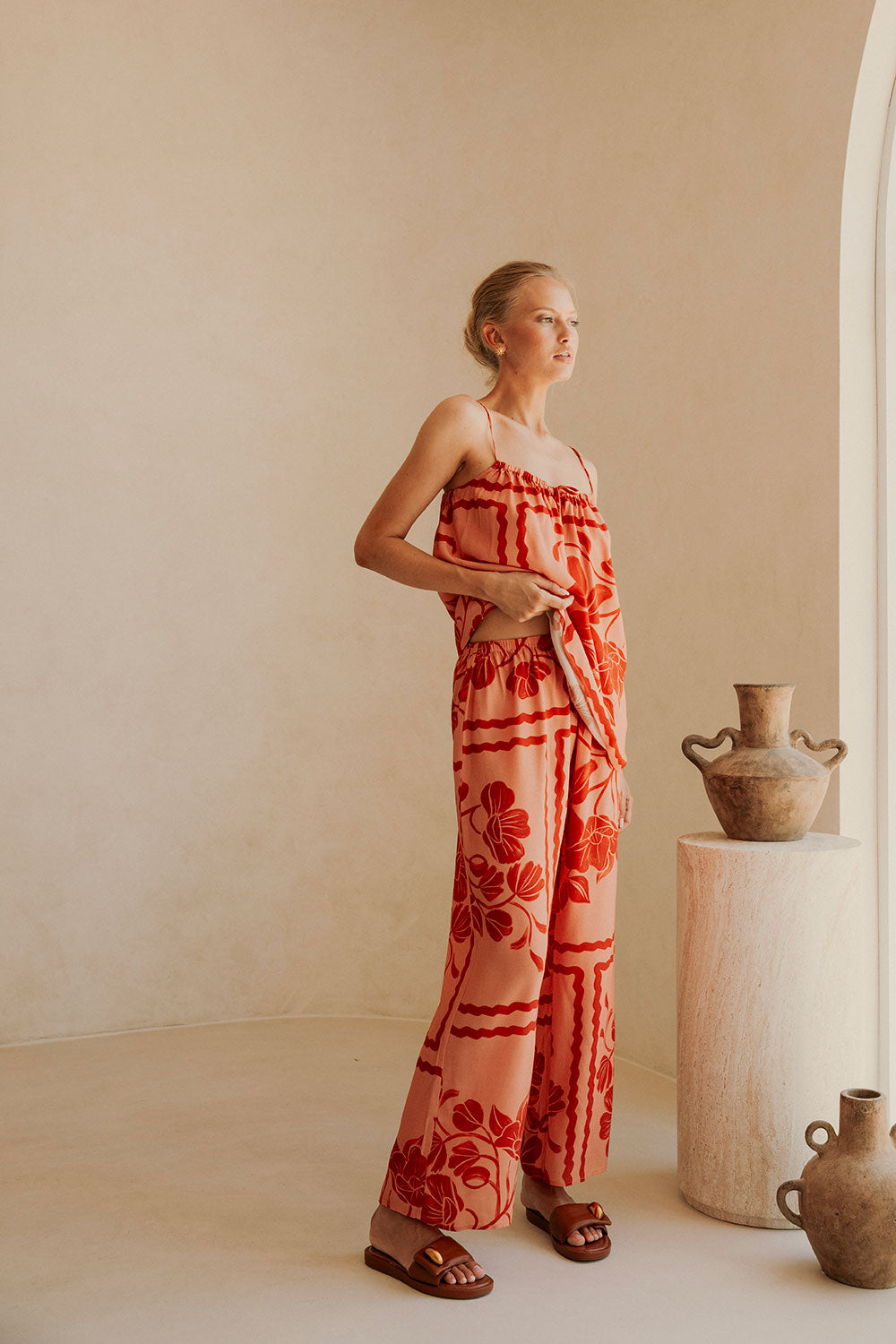 Fashionable Women's Alani Crepe Pants with Exclusive Fiore Postcards Print
