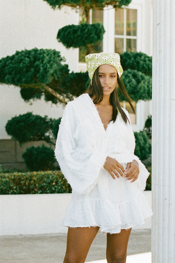 Stylish White Jacquard Belted Lota Dress with Puff Sleeves and Frill Hem