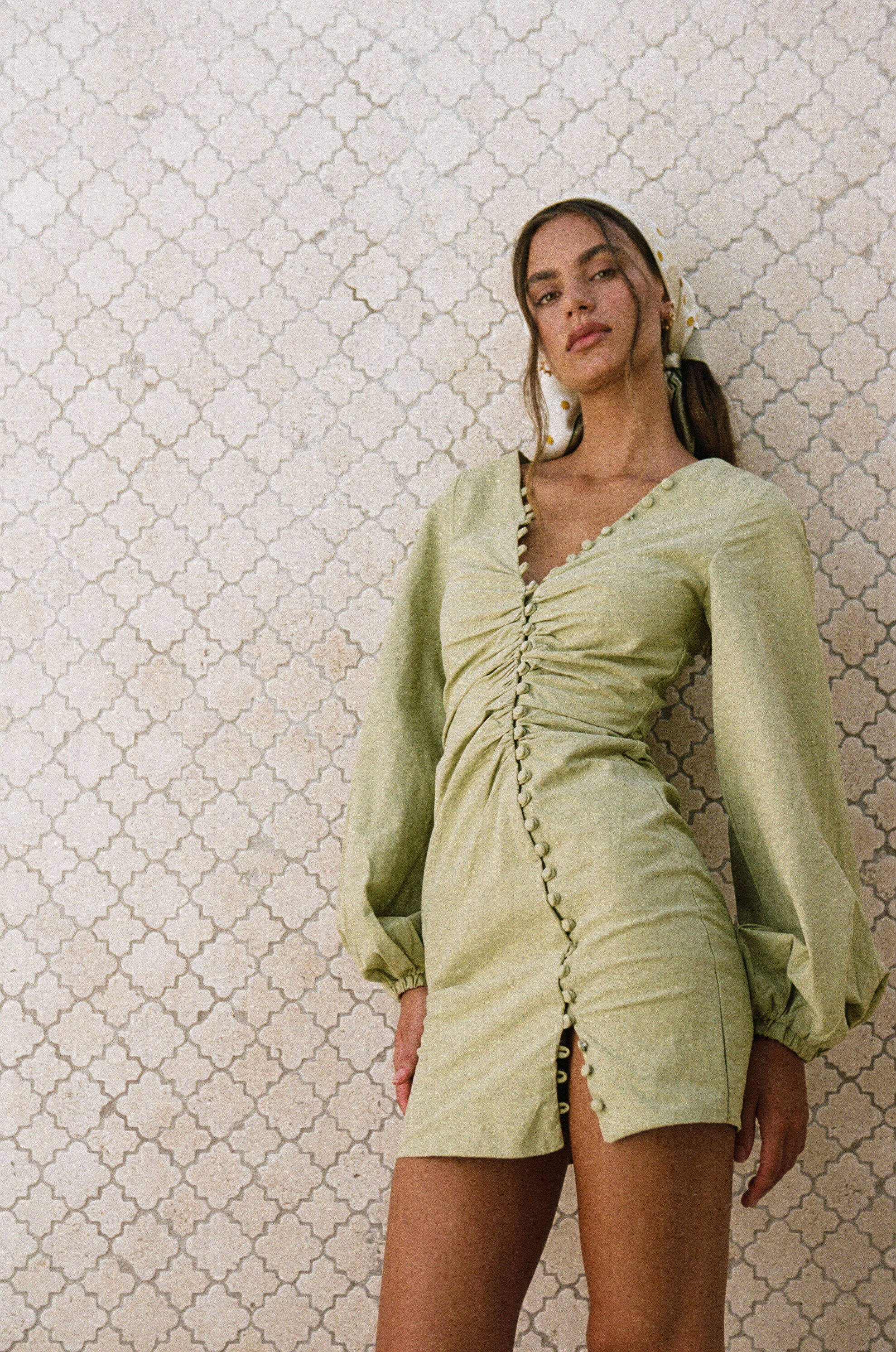 Unique Minna Button Dress in Moss Green with Distinctive Style