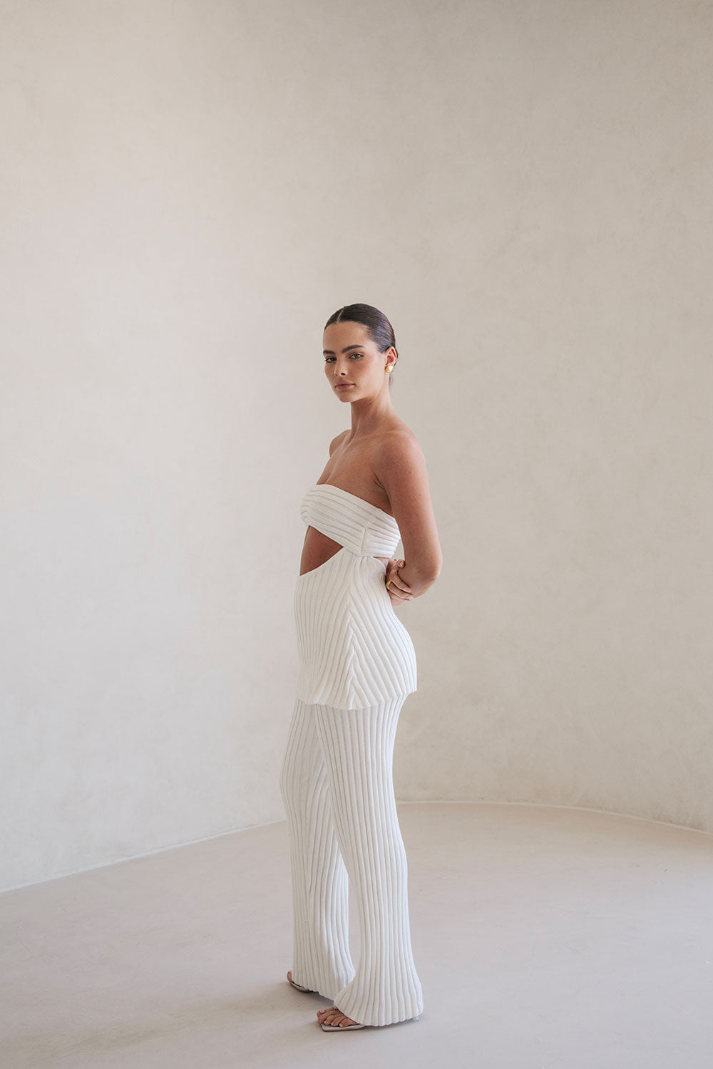 Sabo Exclusive White Structured Ribbed Knit High Waisted Elasticated Waist Stevie Pants