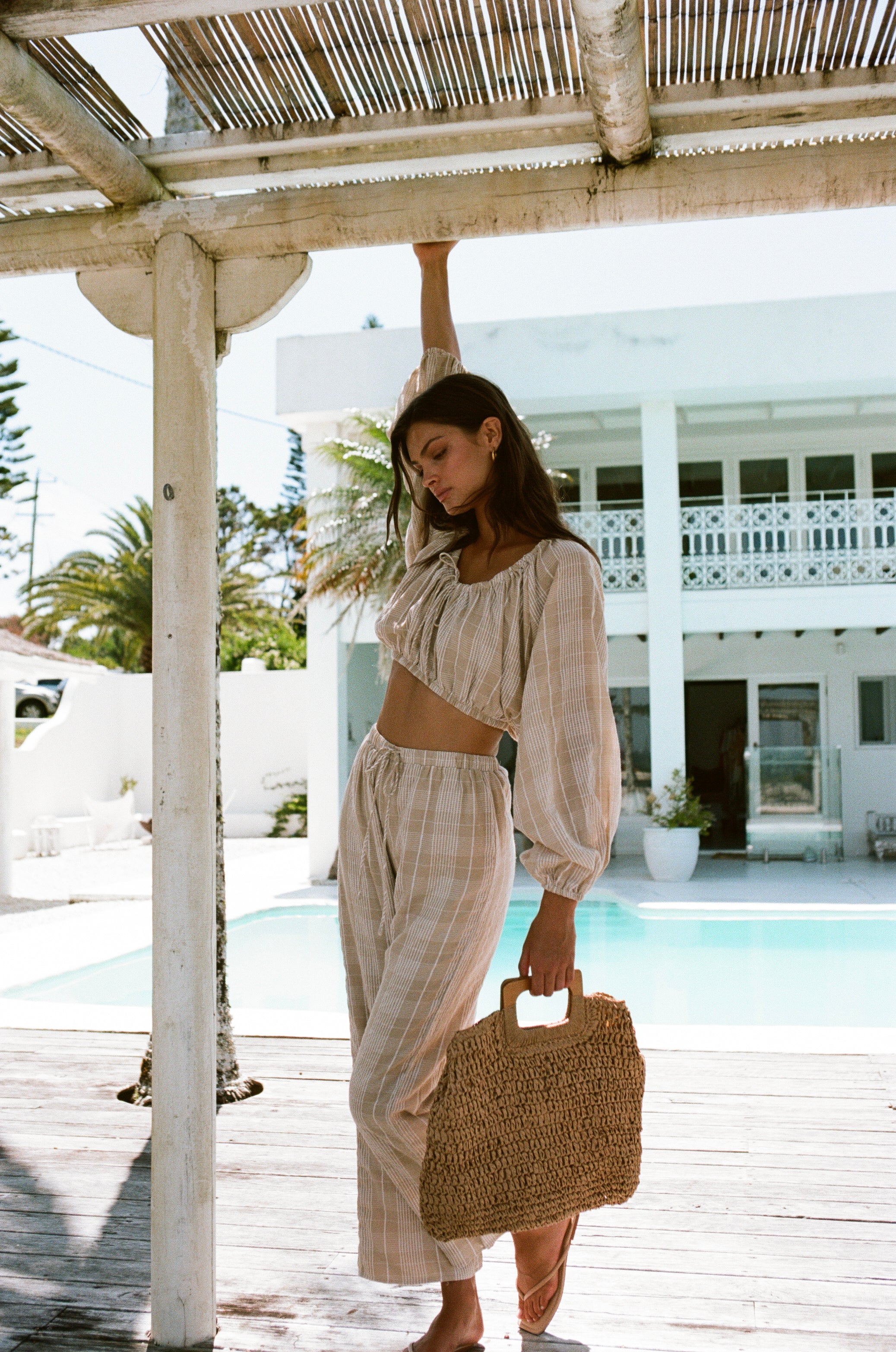 Sabo's Exclusively Designed Lightweight Tan White Plaid High Waisted Drawstring Wide Tashka Pants