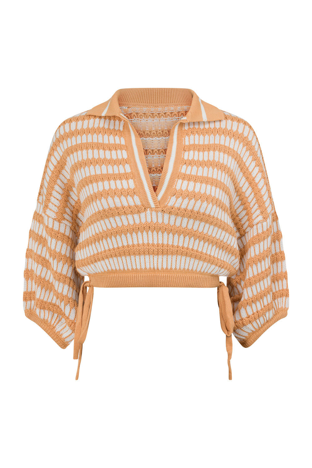 Vintage-Inspired Off-White Knit Women's Top with Contrast Tan Stripes