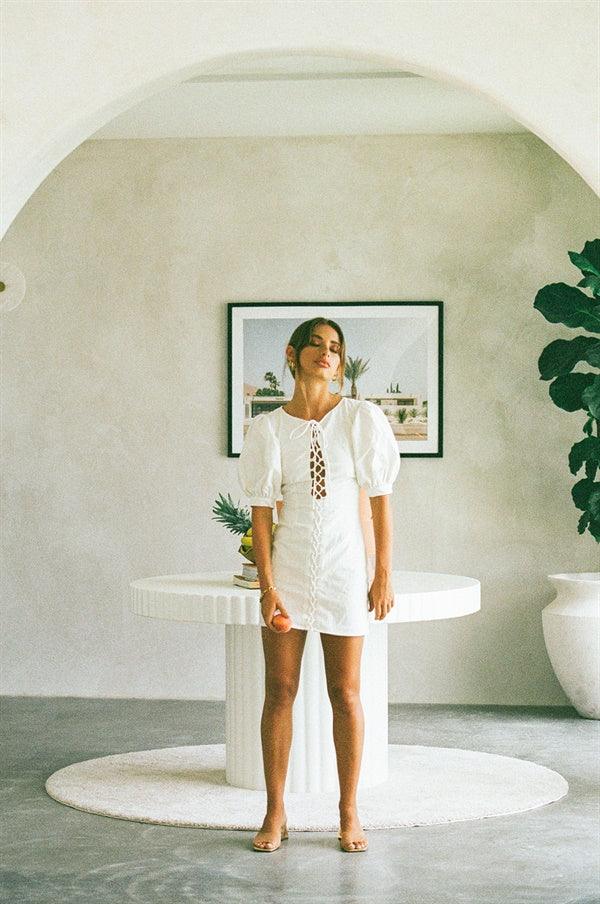 Elegant White Alma Dress with Lace - Up and Puff Sleeves