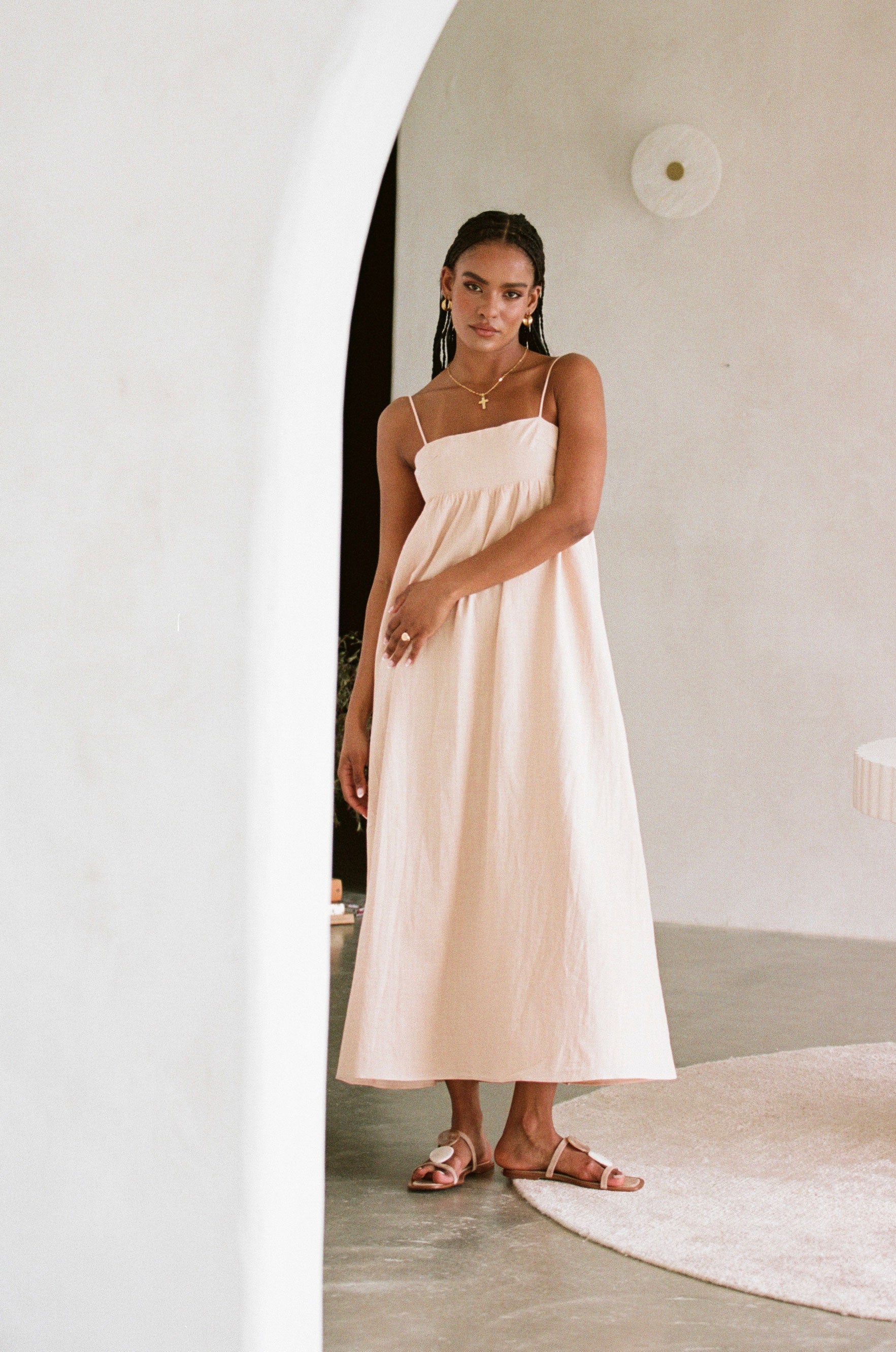 Stylish Tan Azaria Dress with Flowy Skirt and Thin Straps