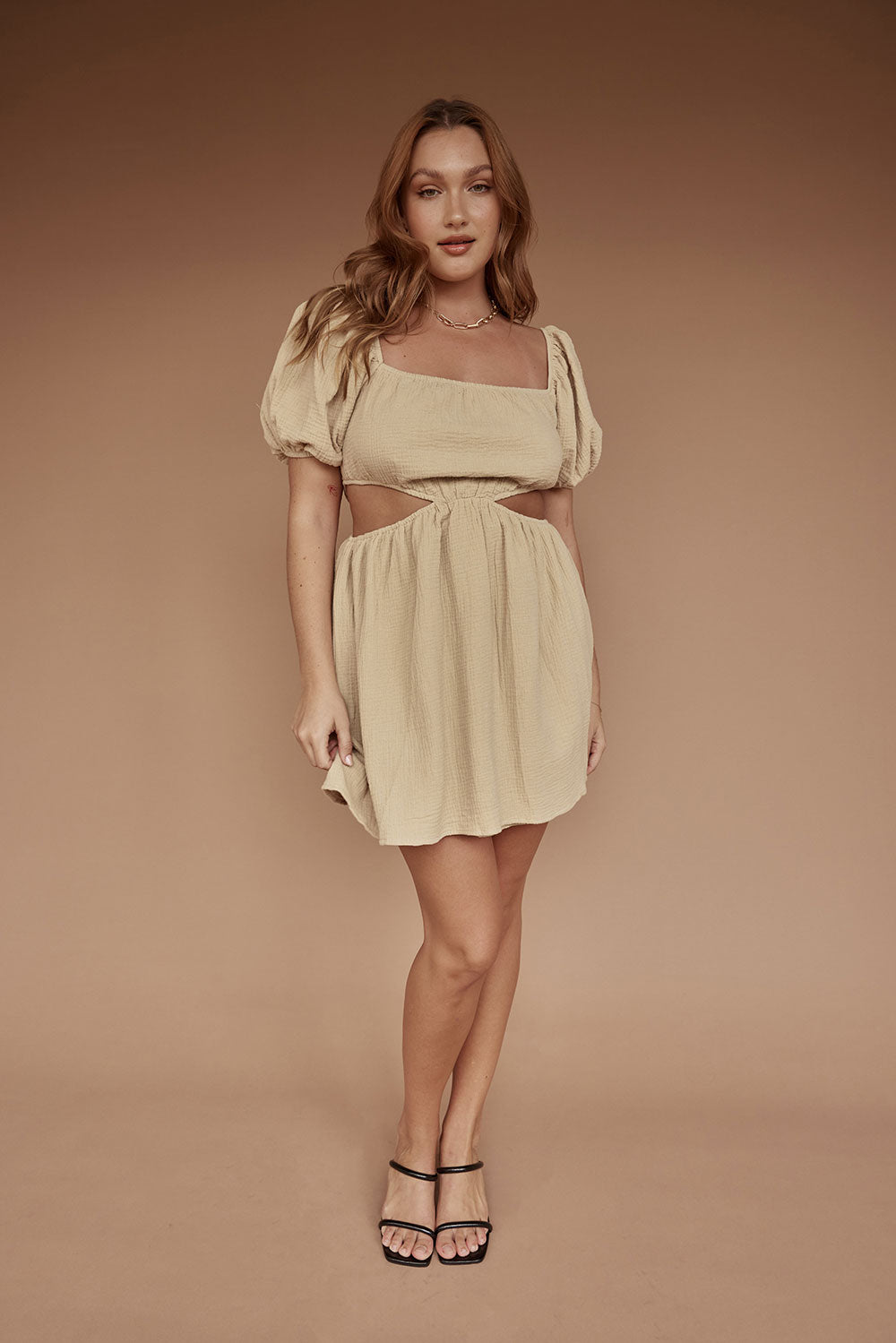Exclusive Beige Natural Textured Cotton Amara Dress with Short Puff Sleeves