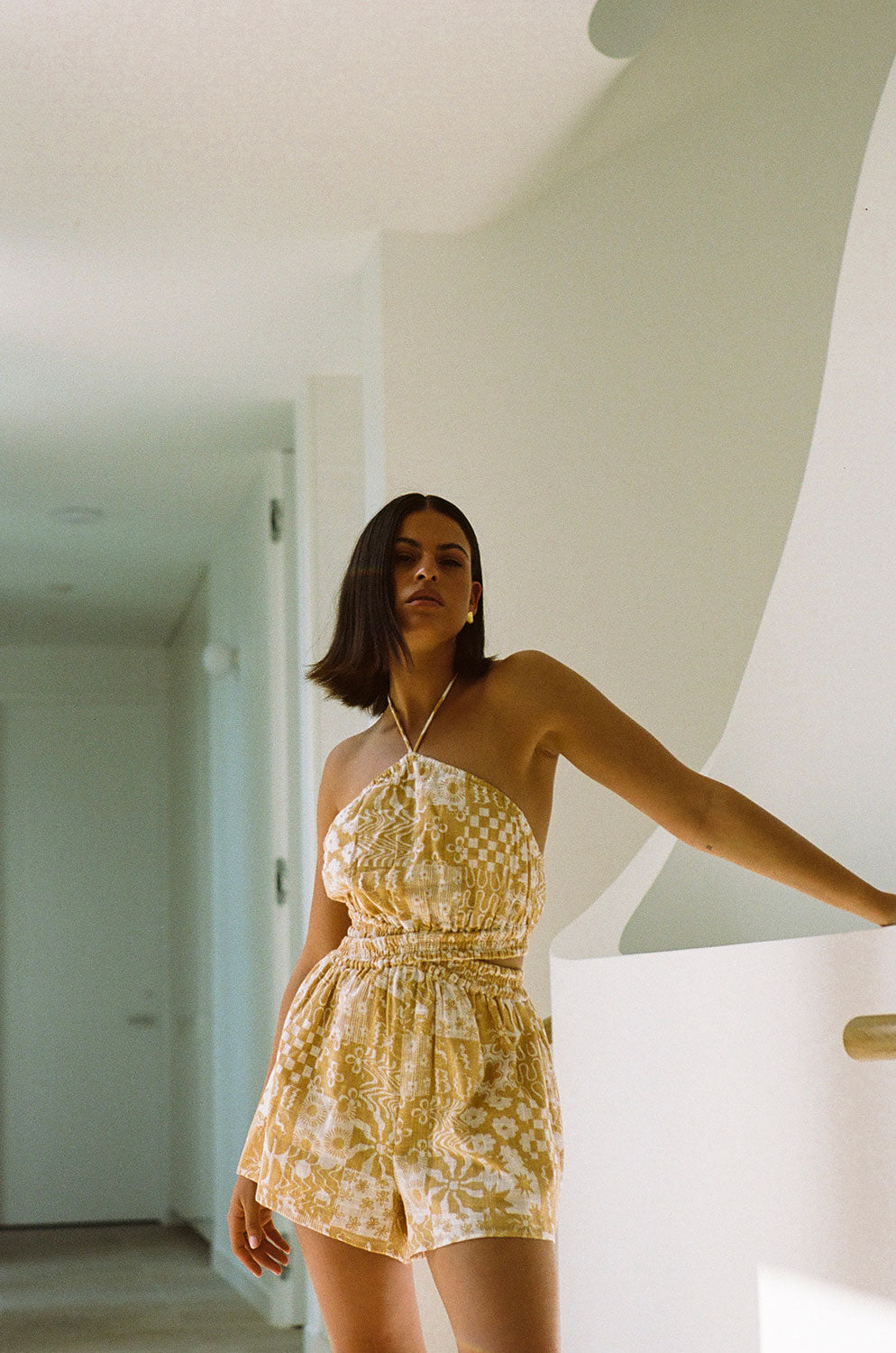 Exquisite Natural Cotton Madeira Playsuit with Tan Canyon Print