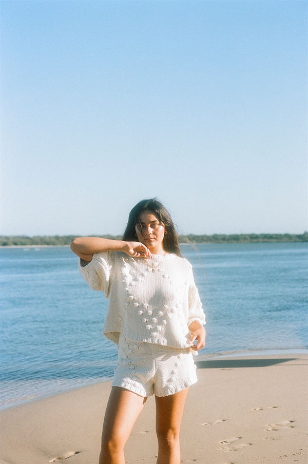Stylish Creamy Stone Cotton Blend Knitted Nessa Top