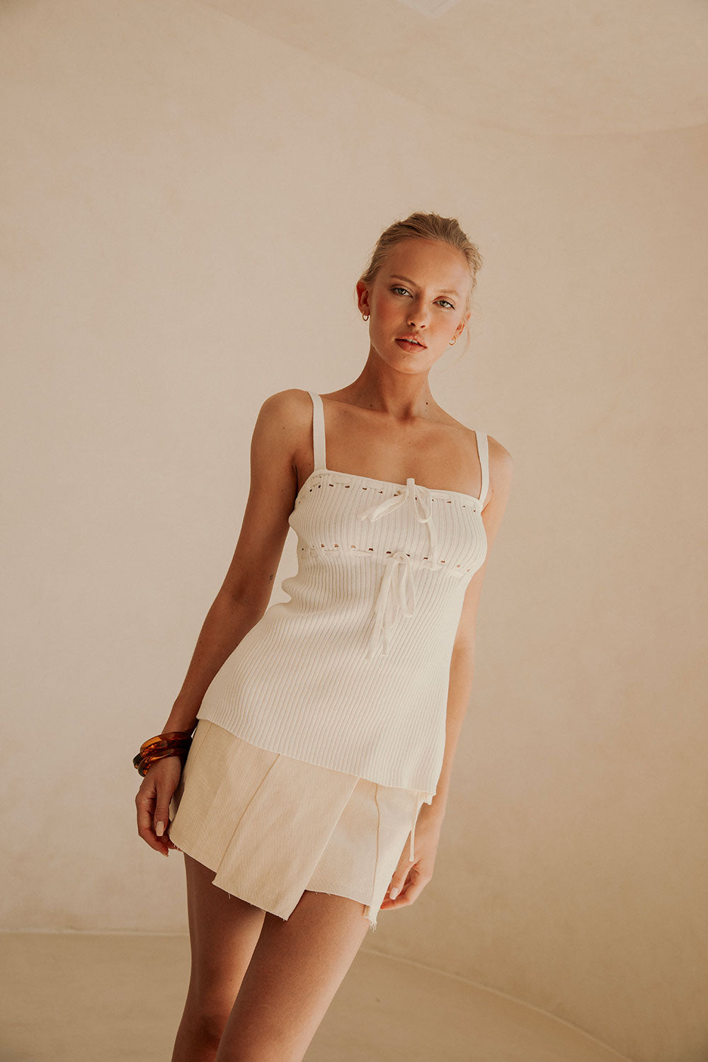 Exclusive Sabo-designed White Natural Ribbed Cotton Alfie Women's Top
