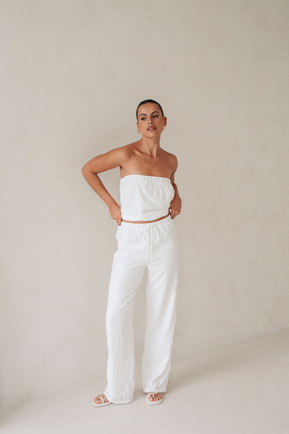 Unique White Ellira Pants with Yellow Elastic Waist