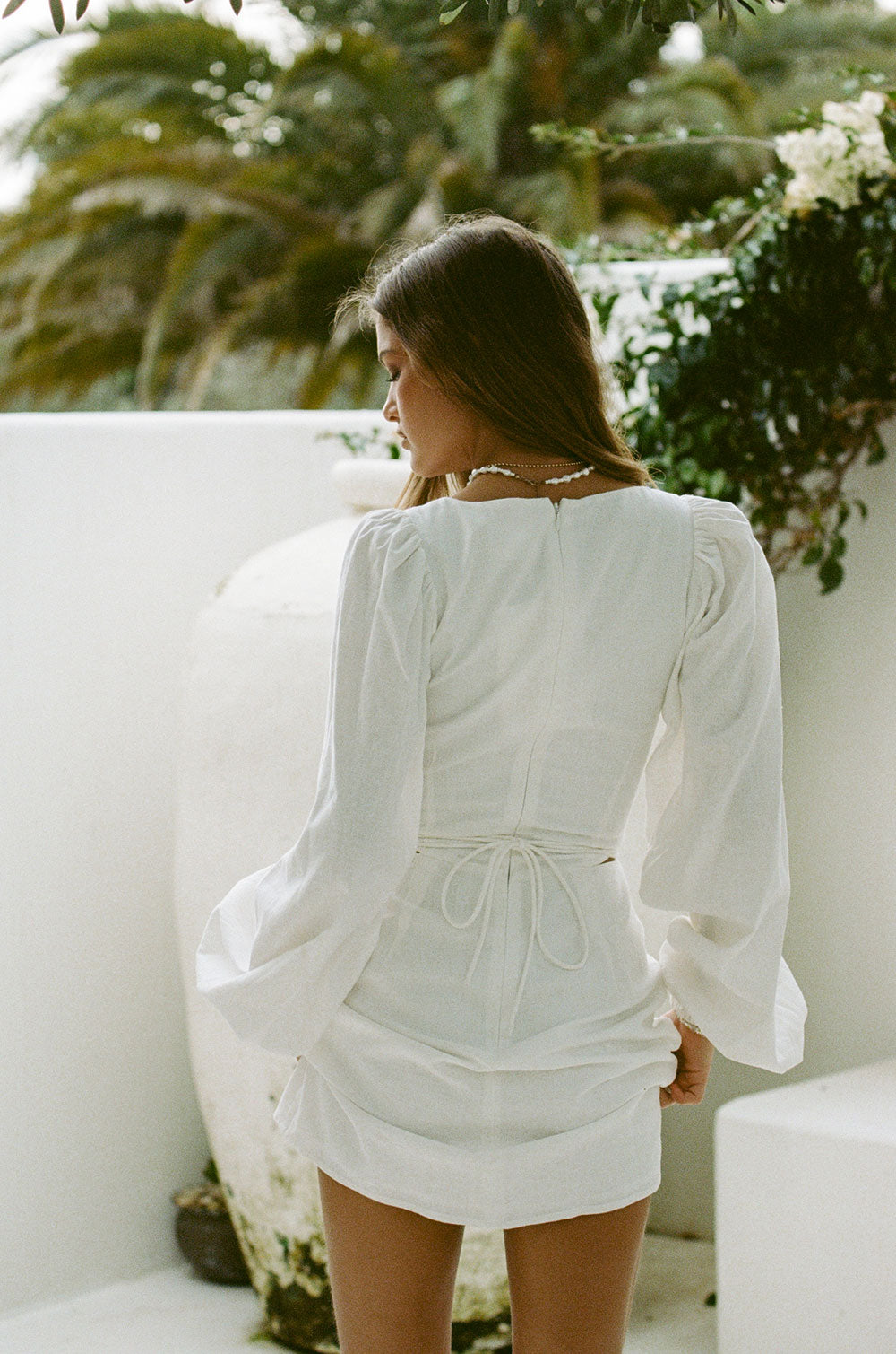 Women's Ilana White Cutout Linen-Cotton Blend Dress with Puff Sleeves and Corset Bust