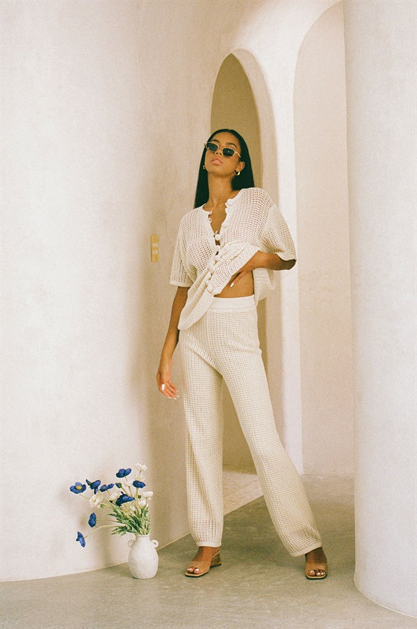 Vintage-Inspired Cream Cotton Crochet High-Waisted Zemira Women's Pants