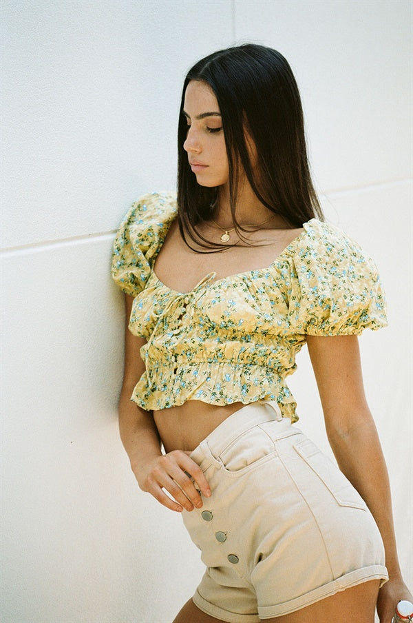Women's Elkie Floral Print Cropped Buttercup Yellow Cotton Top