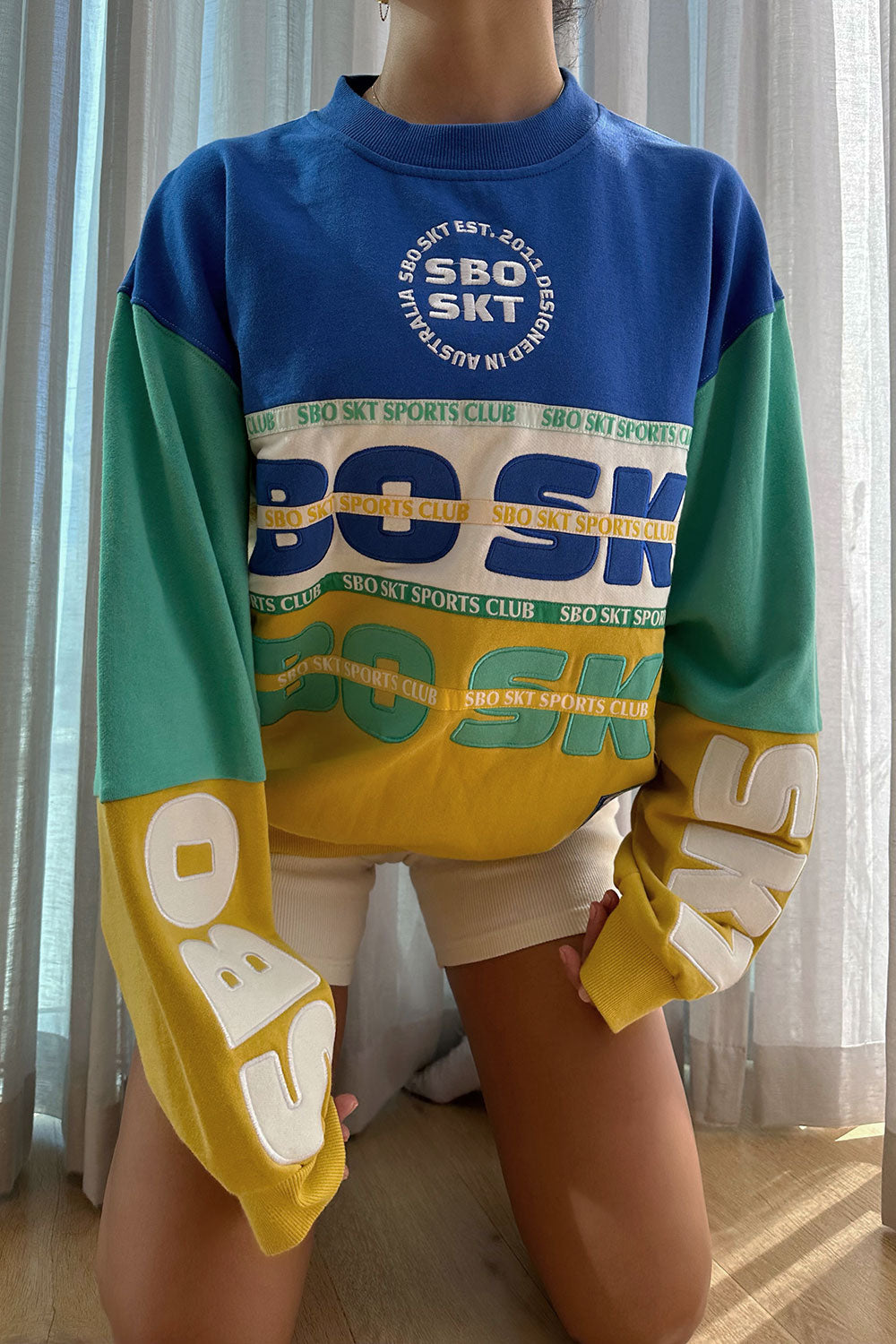 Cozy Oversized Alejandro Sweater in Blue, Green, Yellow and White