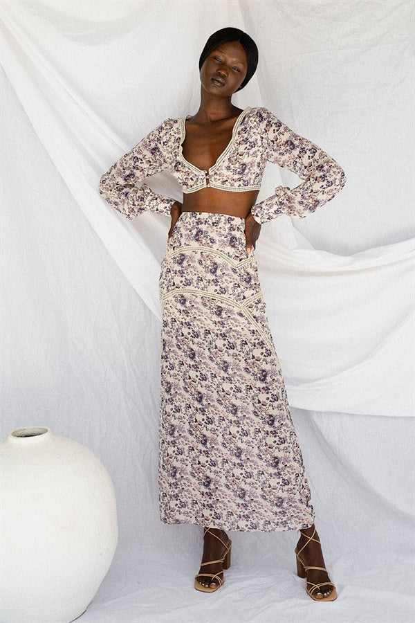 Aubrey Women's Lightweight Beige Lilac Floral Print Crochet Lace Trim Flared Hem Skirt
