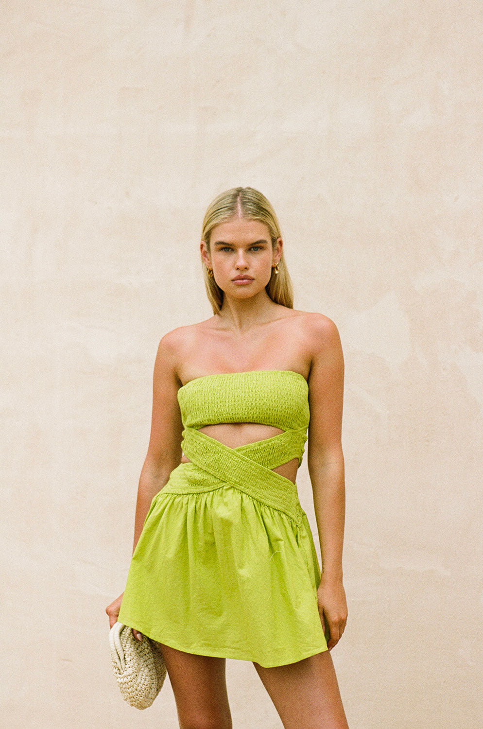 Charming Chartreuse Green Cotton - Linen Blend Strapless Nelly Party Dress