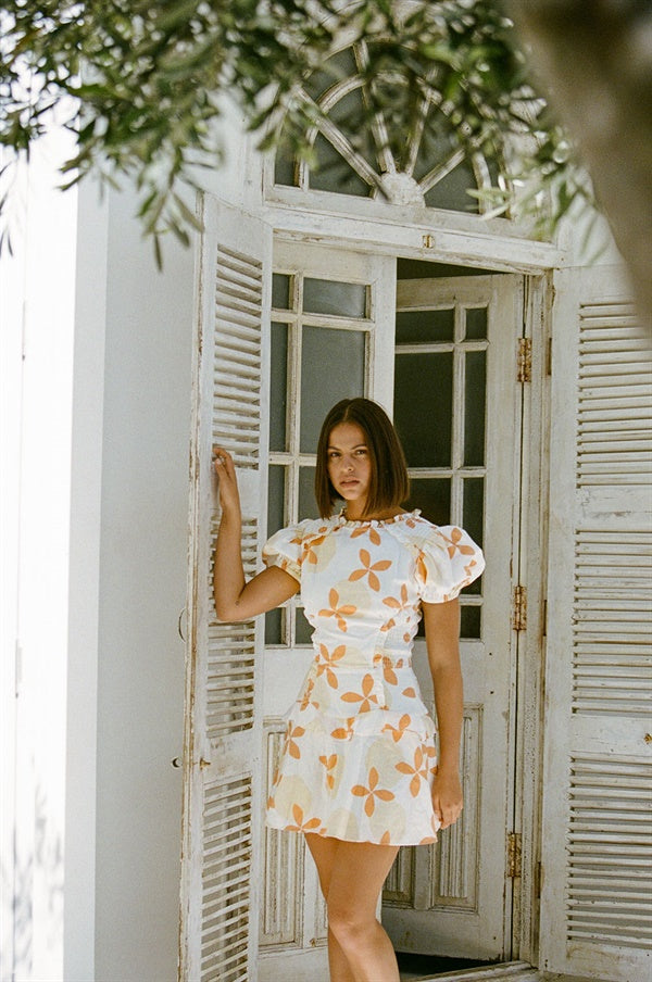 Exquisite Roma Floral Marmalade Print Linen Cotton Blend Dress