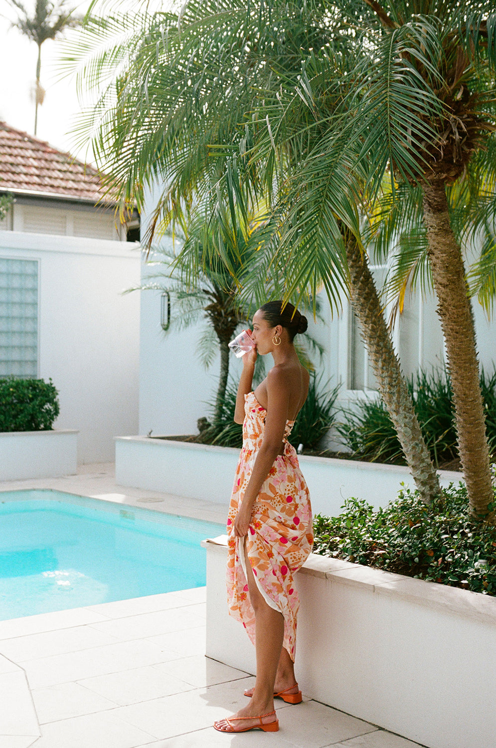 Exclusive Peach Bud Floral Print Strapless Paris Midi Dress