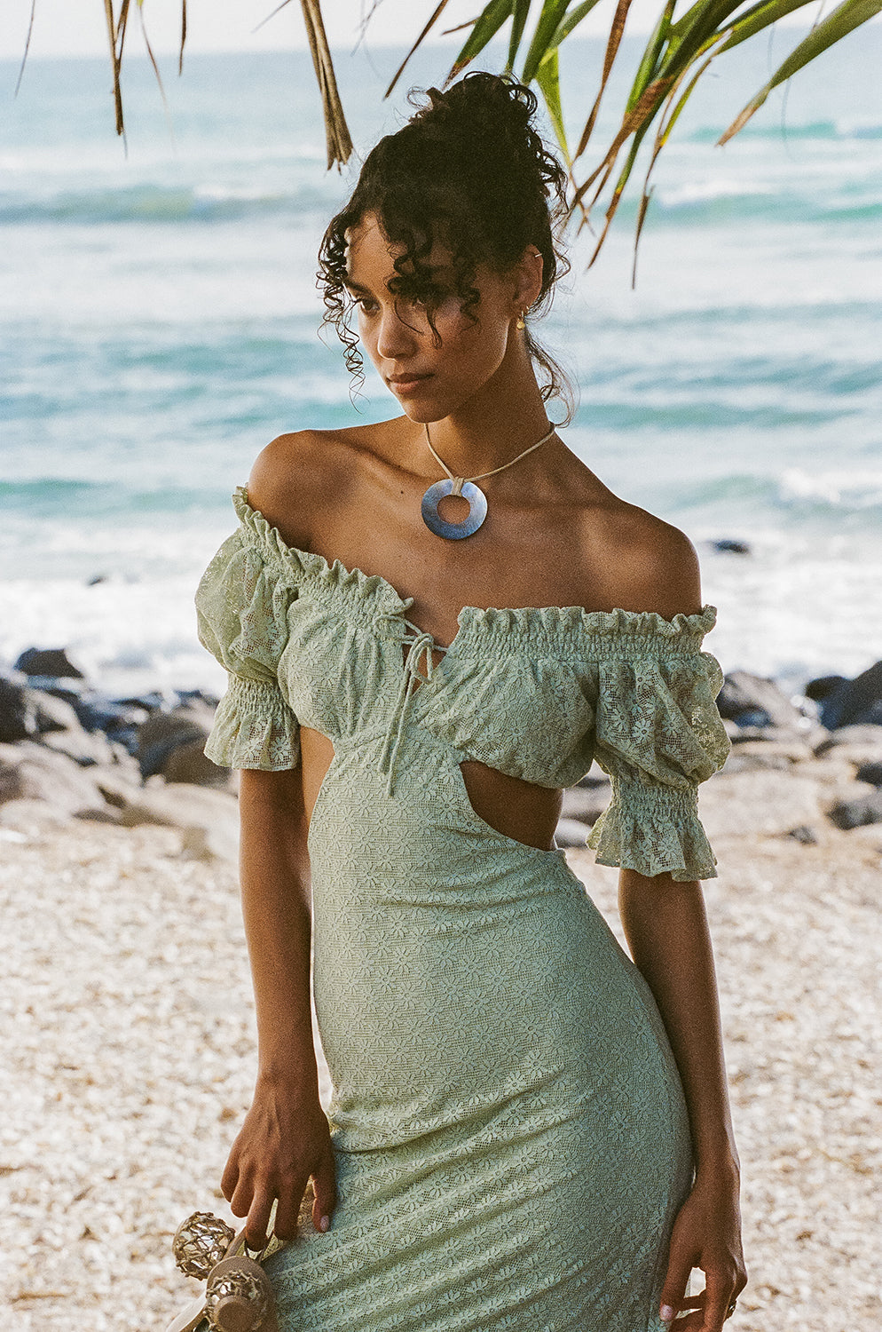 Mint Hue Soft Lace Off Shoulder Frill Detailing Midi Amelda Dress