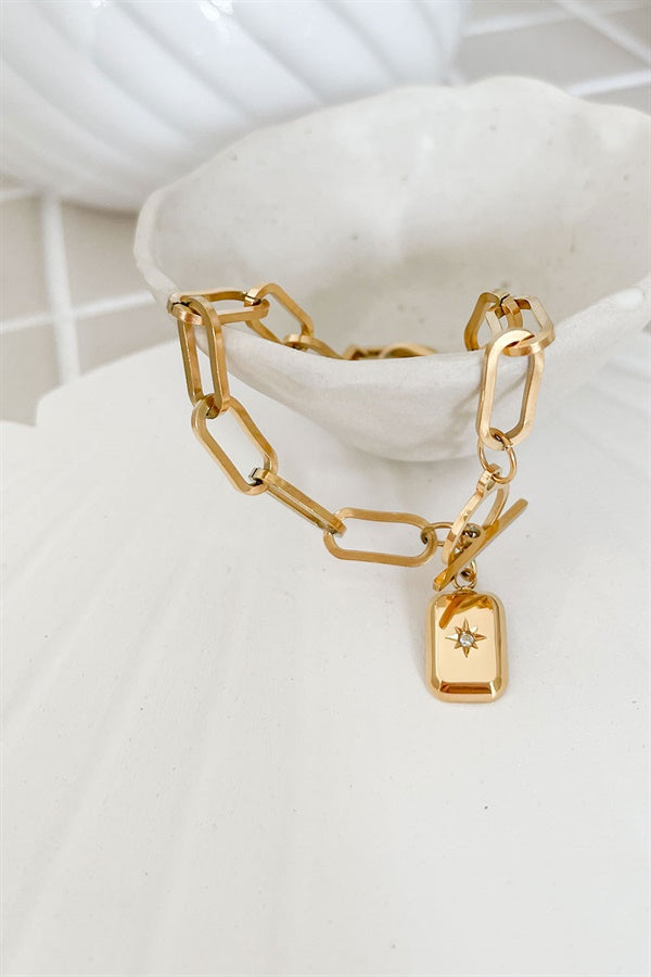 Stylish Gold - Toned T Bar Luminous Charm Link Bracelet