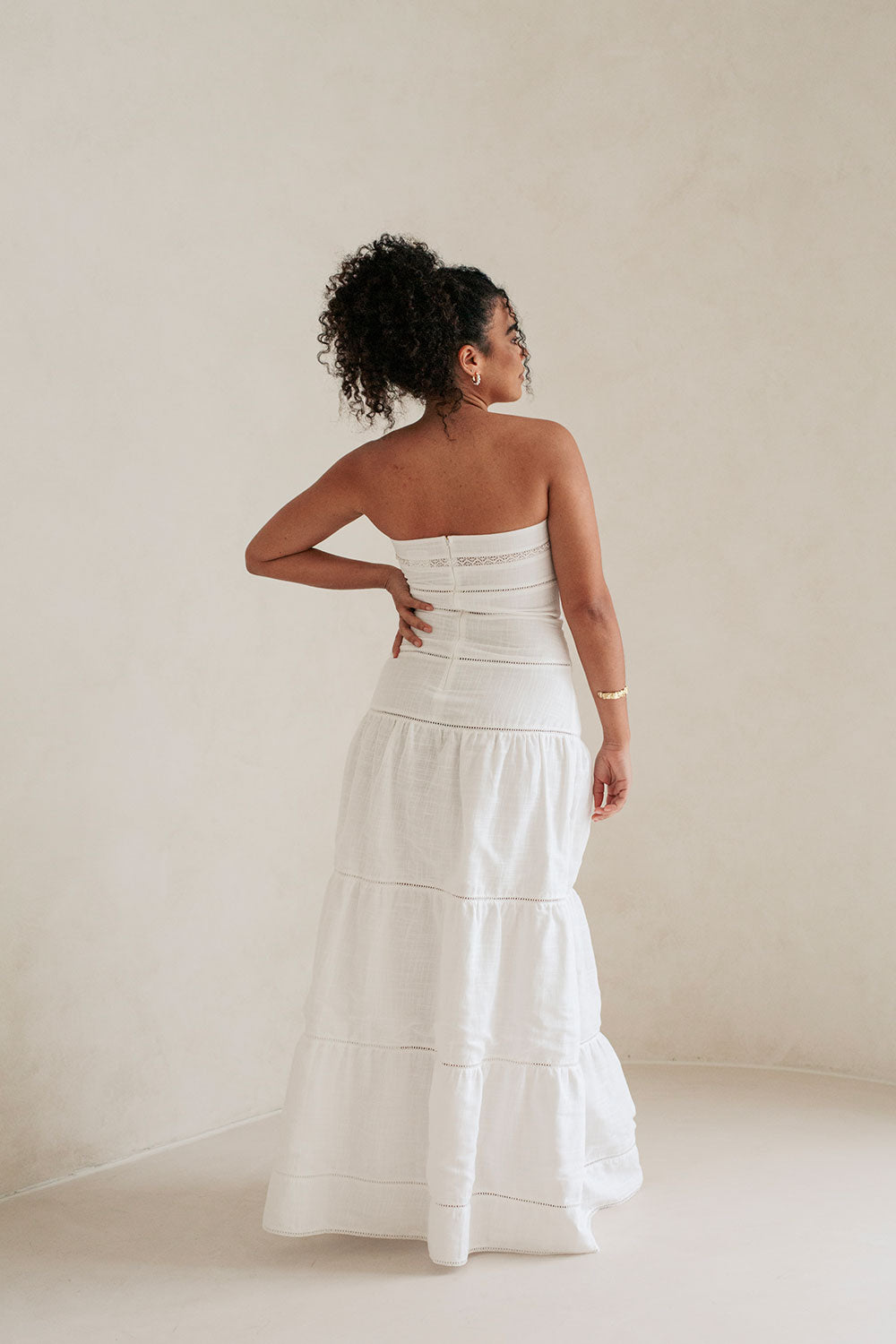 Exclusively Designed Sabo White High - Quality Cotton Cheesecloth Strapless Lyla Dress