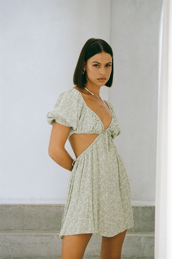 Moss Green Floral Eilish Dress with Cutout and Puff Sleeves