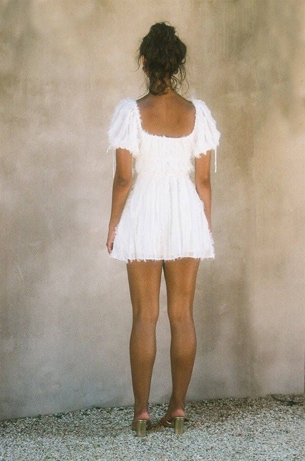 Elegant Off - White Striped Fringe Blake Cutout Dress with Short Puff Sleeves