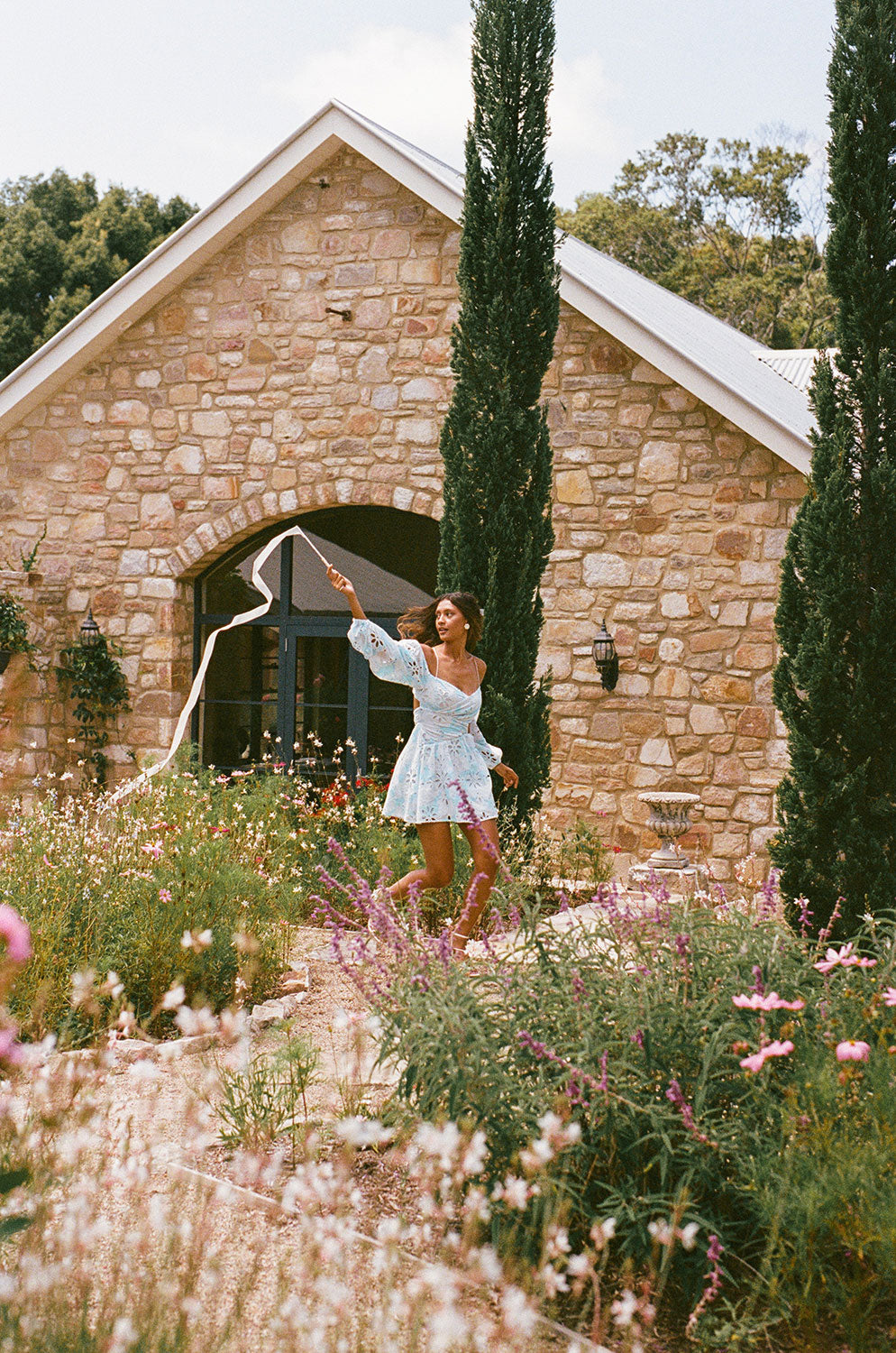 Exclusive Blue Smudged Bloom Print Lana Linen Off - Shoulder Dress
