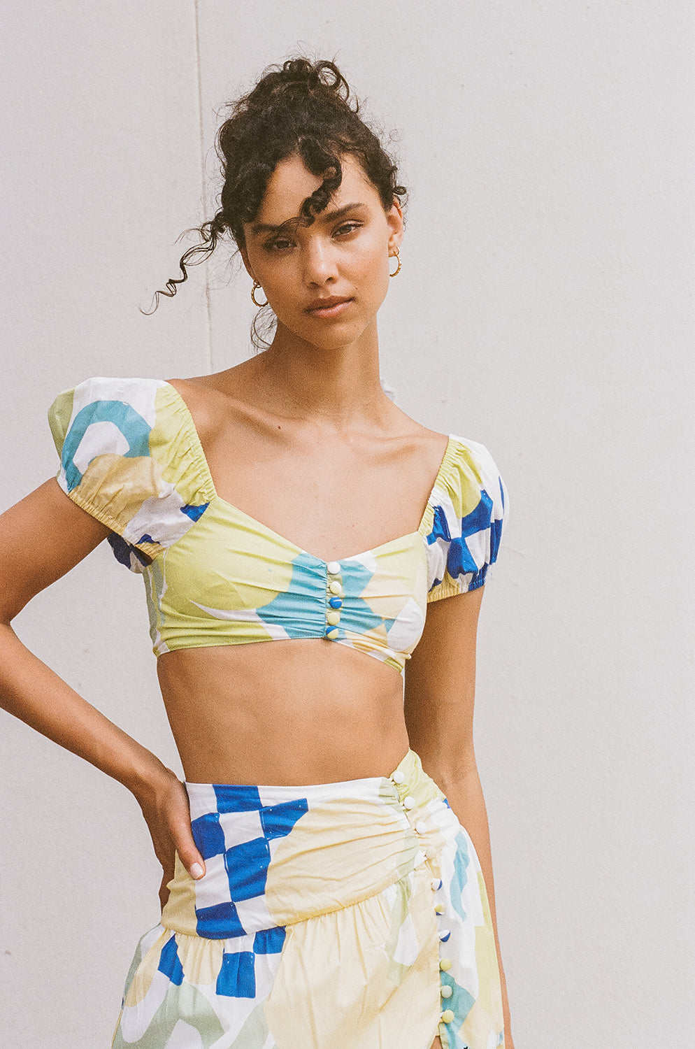 Eye - catching Checker Floral Aliza Cropped Bindi Cotton Voile Top