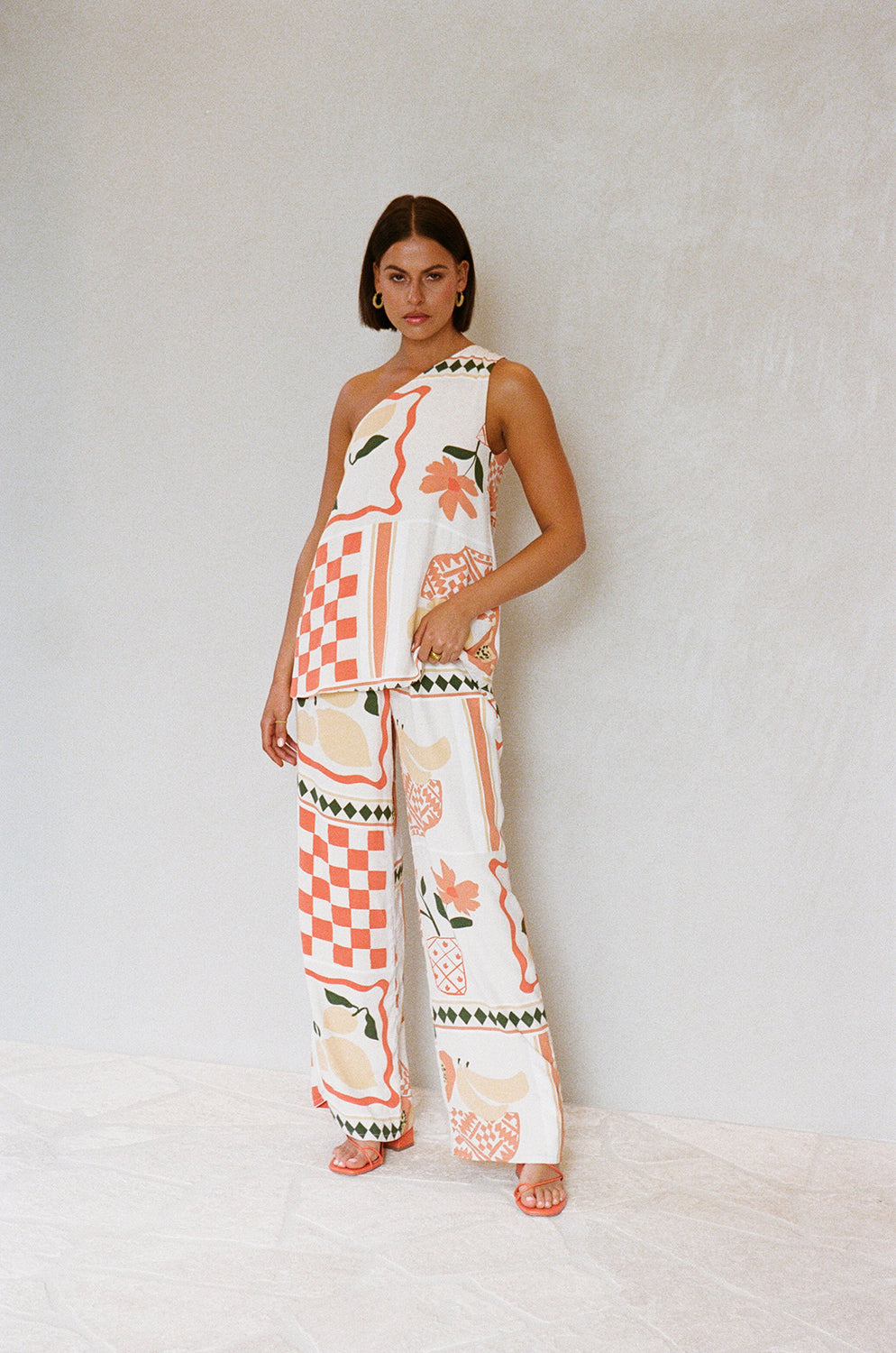 Italian Summer-Inspired One-Shoulder Prego Rossa Print Parlour Top for Women