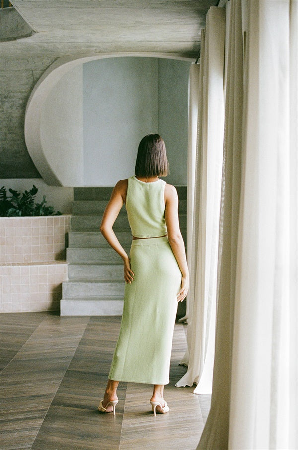 Forest - Fresh Green Natural Cotton Heather Knit Skirt with Elastic Waist