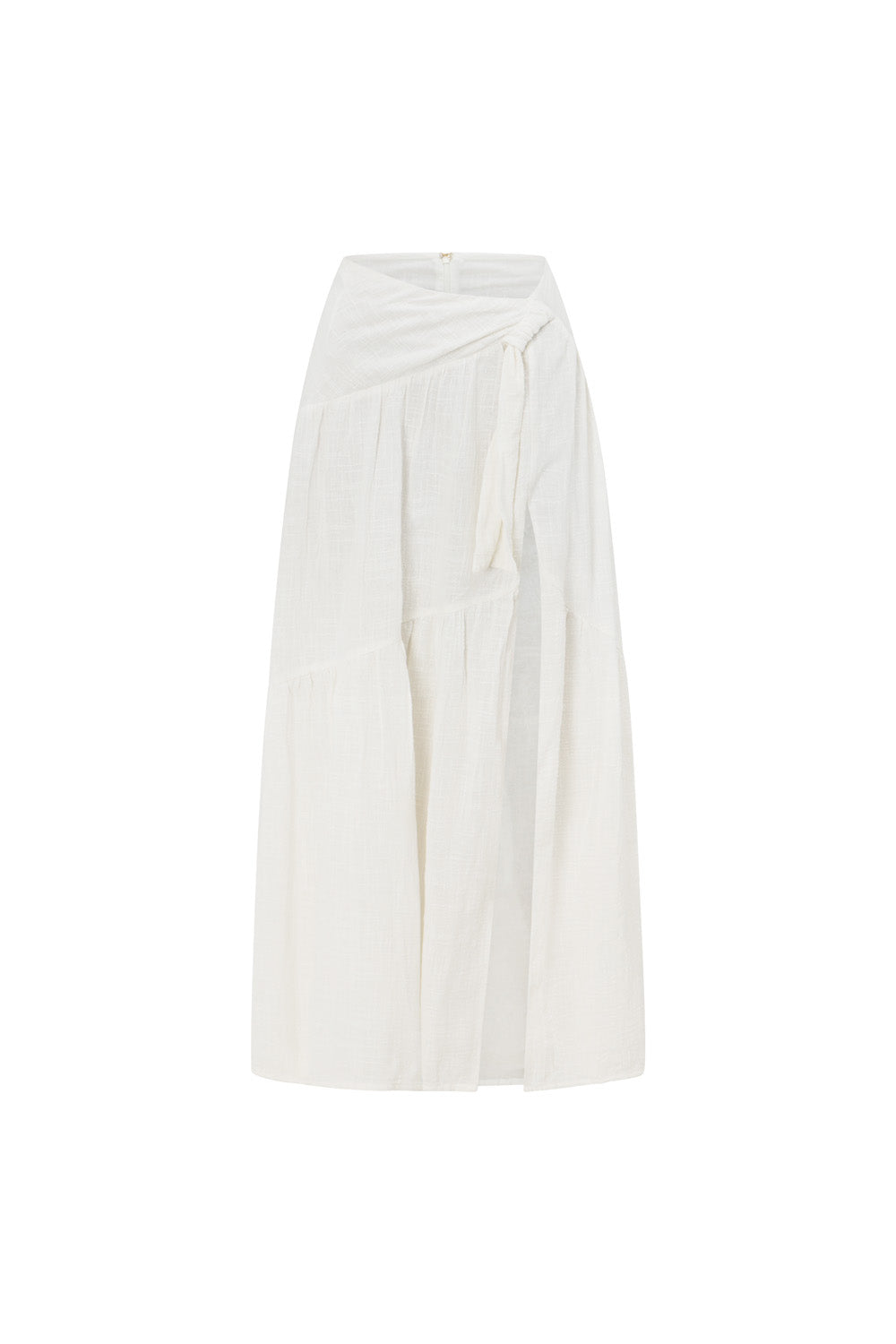 Pearla Women's Vacation White Natural Raw Cotton Asymmetric Mid - rise Waist Draped Tie Maxi Skirt
