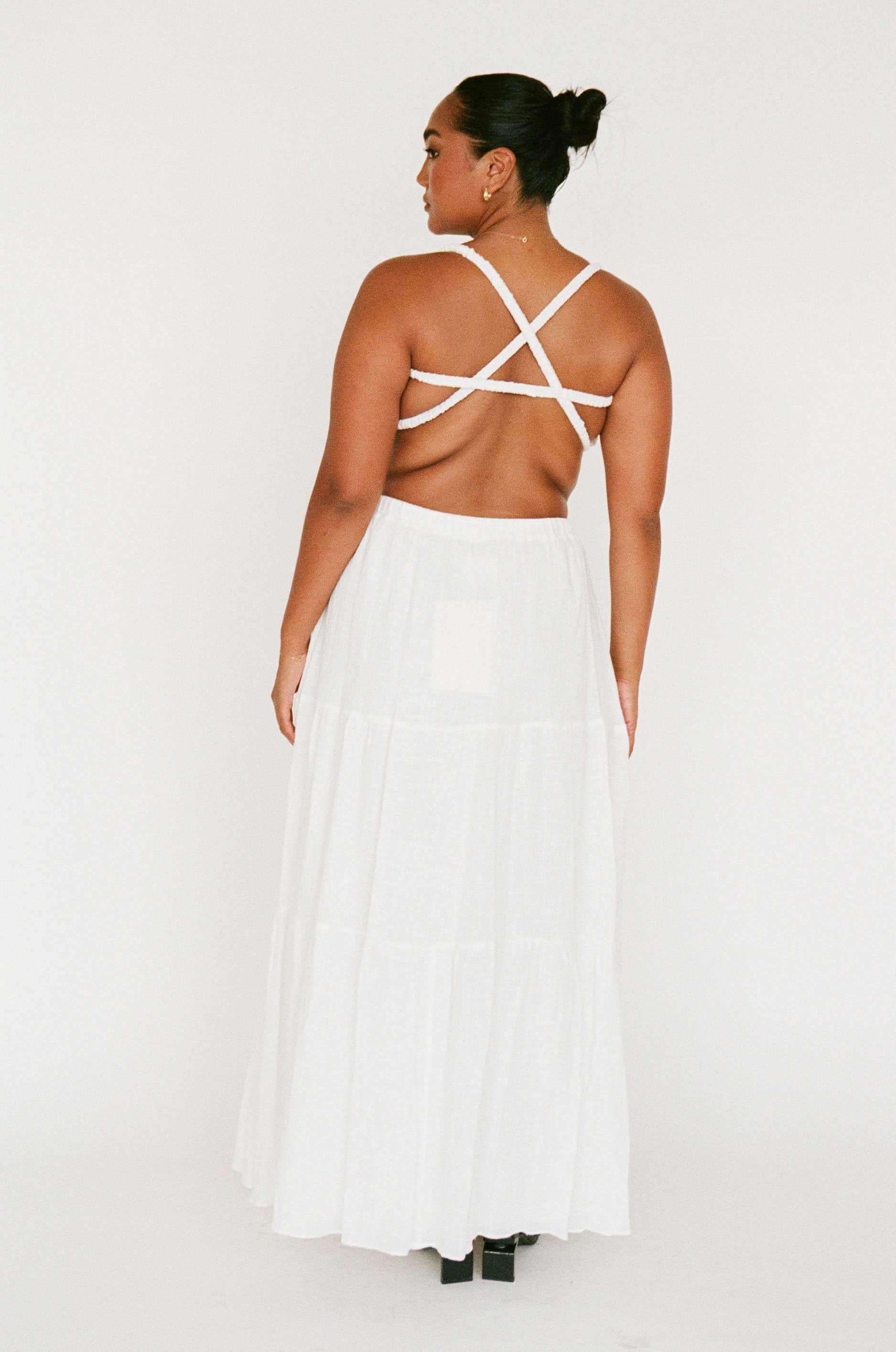 Exclusive Sabo-Designed Off-White Raw Cotton High-Waisted Elasticated Drawstring Nixie Midi Skirt