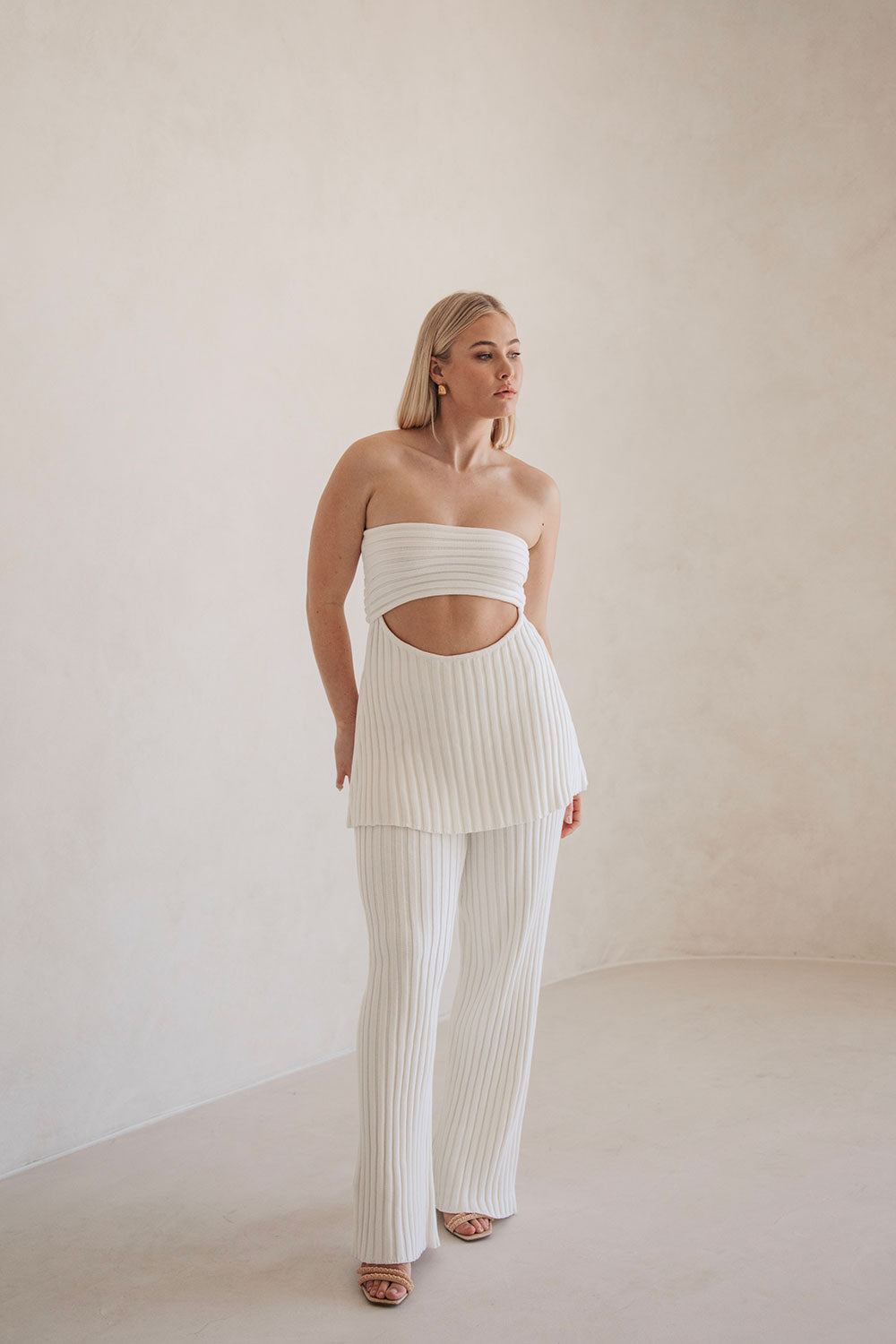 Sabo Exclusive White Structured Ribbed Knit High Waisted Elasticated Waist Stevie Pants
