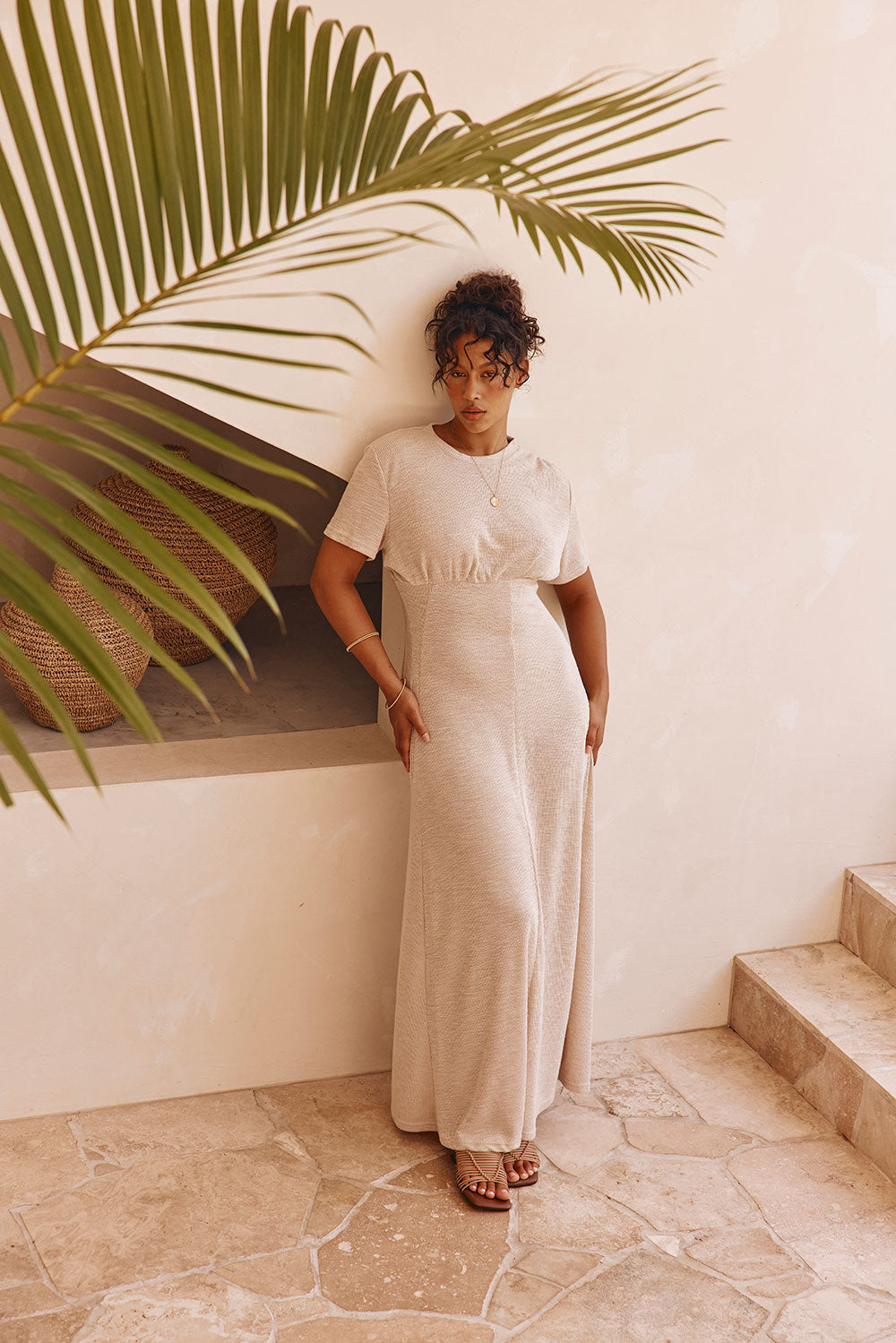 Exclusive Sabo-Designed Beige Ribbed Gizelle Maxi Dress