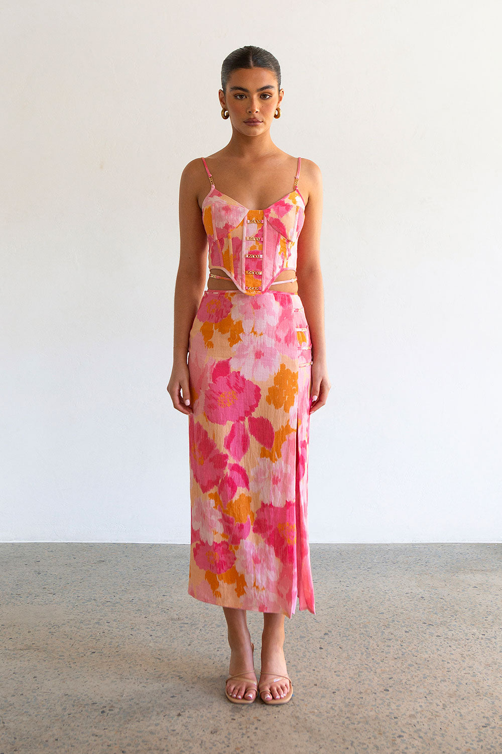 Stylish Women's Serralina Pink Gerbera Print Midi Skirt for Special Occasions
