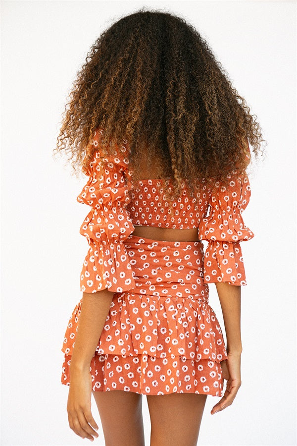 Sabo's Exclusively Designed Burnt Orange Cropped Emory Cotton Top with Florals
