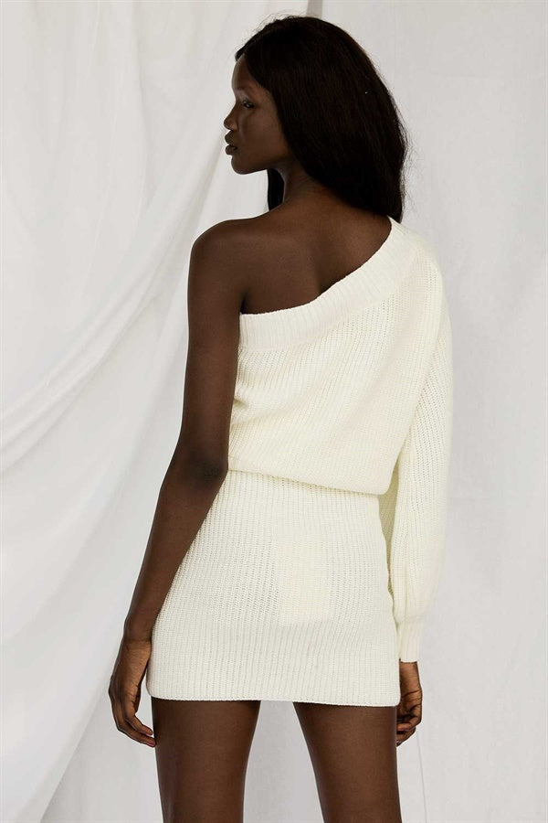 Soft Cream Ribbed One-Shoulder Long Sleeve Lucia Knit Top