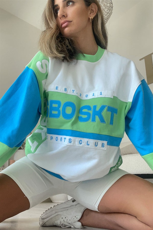 Unique Oversized Unisex Chance Sweater in Blue, Green and White