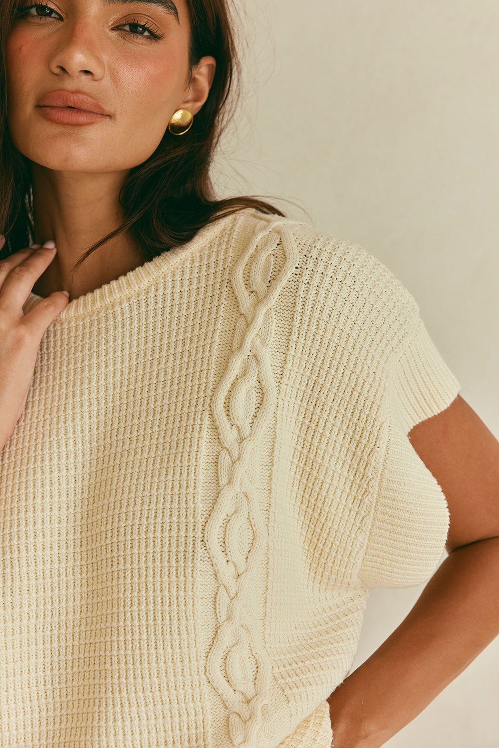 Exquisite Cream-Colored Cotton Blend Textured Knit Nevaeh Top
