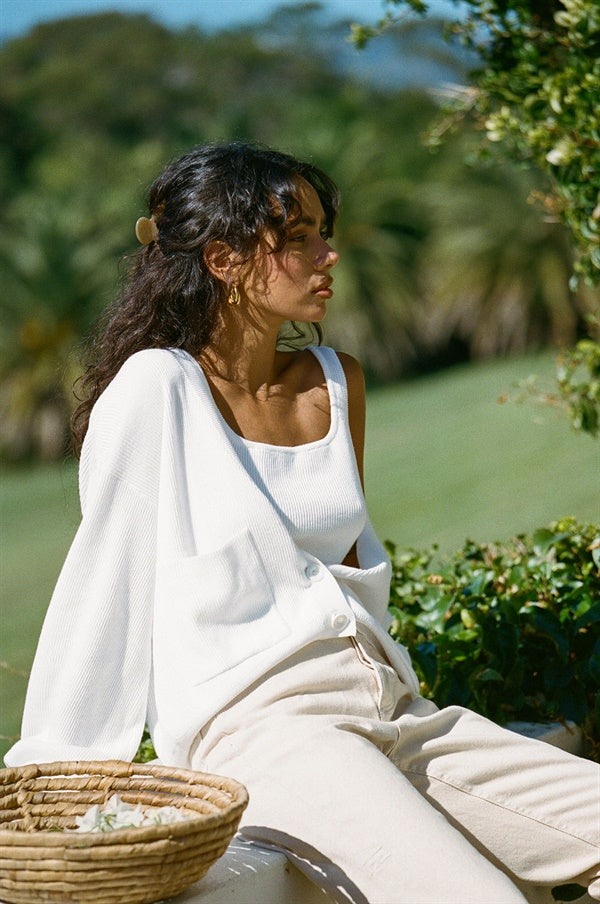 White Lightweight Ribbed Evalia Cardigan for Cooler Months