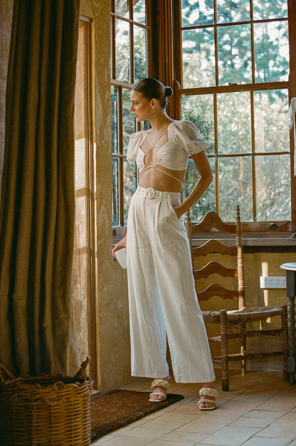 Exclusively Designed Off - White Linen Blend Saylor Top with Tie Details